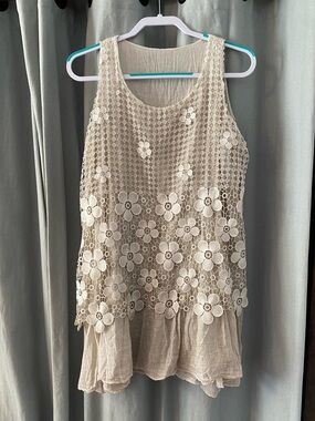 Cream Floral Lace Midi Dress with Gauzy Tank Style Bodice, Women’s Size Small